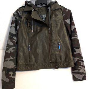 JouJou Faux Leather Jacket With Camouflage Sleeves  Olive Green Size Sma…